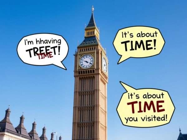 Big Ben clock tower with speech bubbles containing time-related puns