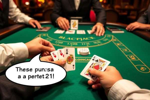 Blackjack table with dealer and cards showing 21 Blackjack table with dealer and cards showing 21