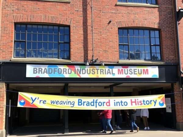 Bradford Industrial Museum with textile machinery and a pun banner Bradford Industrial Museum with textile machinery and a pun banner