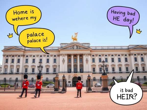 Buckingham Palace with royal-themed puns and crown illustrations