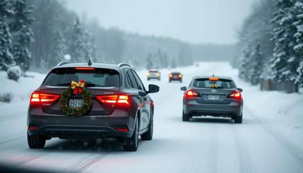 Car driving carefully on snowy road during a Christmas road trip Car driving carefully on snowy road during a Christmas road trip