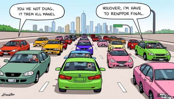 Cartoon of Houston highway traffic jam with cars exchanging Houston puns Cartoon of Houston highway traffic jam with cars exchanging Houston puns