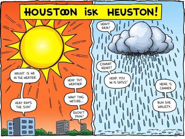 Cartoon showing Houston weather with rain and sun with Houston puns written in clouds Cartoon showing Houston weather with rain and sun with Houston puns written in clouds
