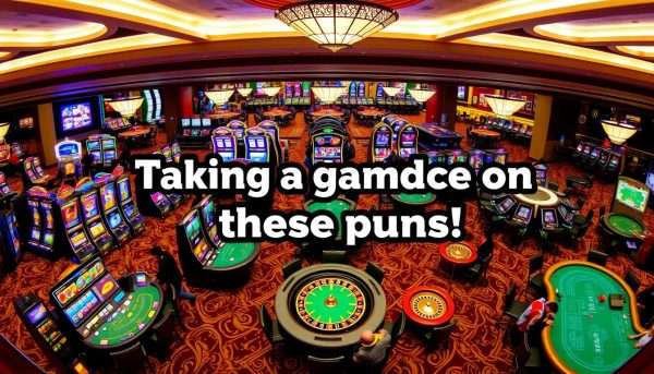 Casino floor with various games and pun text overlay Casino floor with various games and pun text overlay