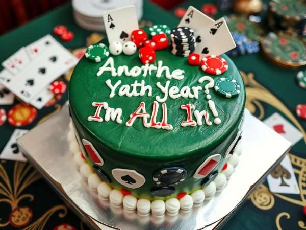 Casino-themed birthday cake with pun written in frosting Casino-themed birthday cake with pun written in frosting