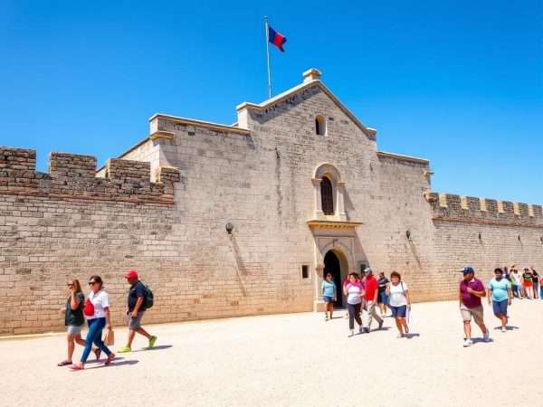 Castillo de San Marcos fortress in St. Augustine with tourists exploring Castillo de San Marcos fortress in St. Augustine with tourists exploring