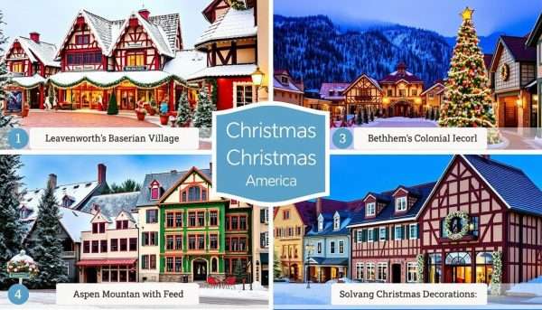 Collage of Christmas road trip destinations with festive decorations and winter scenery Collage of Christmas road trip destinations with festive decorations and winter scenery