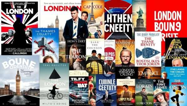 Collage of movie posters, book covers and music albums featuring London puns