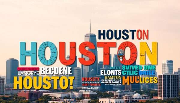Collection of Houston puns displayed creatively with Houston skyline Collection of Houston puns displayed creatively with Houston skyline