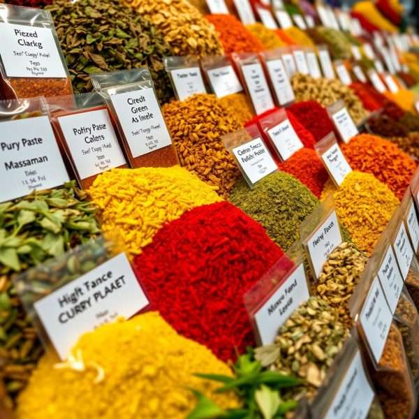Colorful display of Thai spices and curry pastes Colorful display of Thai spices and curry pastes