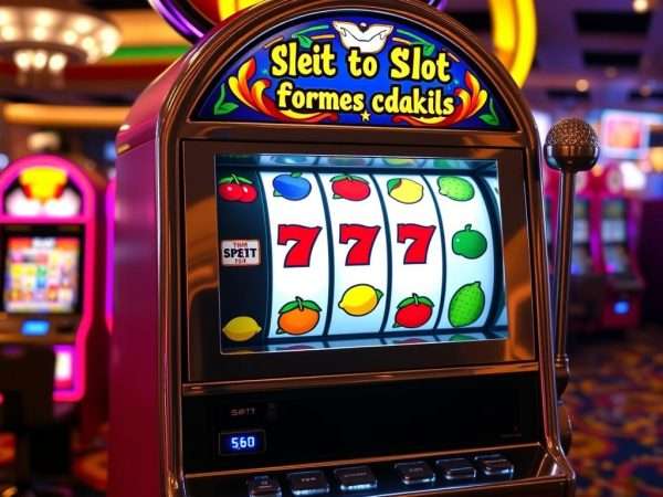 Colorful slot machine with fruit symbols and pun text overlay Colorful slot machine with fruit symbols and pun text overlay
