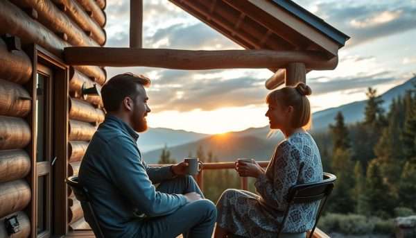 Couple enjoying a mountain view from an affordable cabin, perfect low-budget vacation ideas for couples Couple enjoying a mountain view from an affordable cabin, perfect low-budget vacation ideas for couples