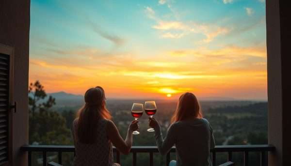 Couple enjoying a sunset on a budget vacation, highlighting low-budget vacation ideas for couples Couple enjoying a sunset on a budget vacation, highlighting low-budget vacation ideas for couples