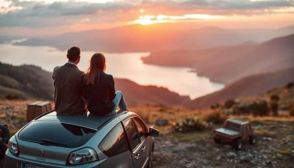 Couple on a budget road trip adventure, depicting low-budget vacation ideas for couples Couple on a budget road trip adventure, depicting low-budget vacation ideas for couples