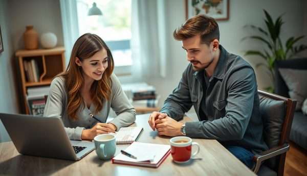 Couple planning a budget vacation together, illustrating low-budget vacation ideas for couples Couple planning a budget vacation together, illustrating low-budget vacation ideas for couples