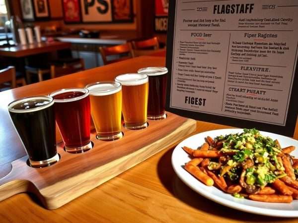 Craft beer flight and local food at a Flagstaff brewery with menu featuring Flagstaff puns Craft beer flight and local food at a Flagstaff brewery with menu featuring Flagstaff puns