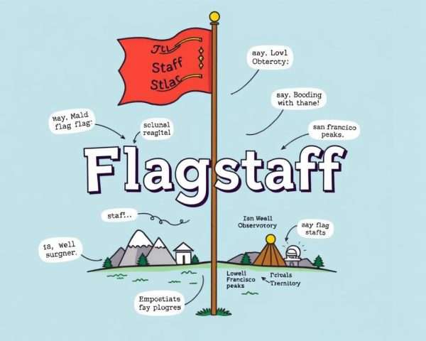 Creative illustration breaking down the name 'Flagstaff' into visual pun components Creative illustration breaking down the name 'Flagstaff' into visual pun components