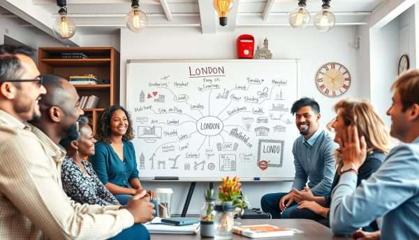 Creative workshop scene with people brainstorming London puns on a whiteboard