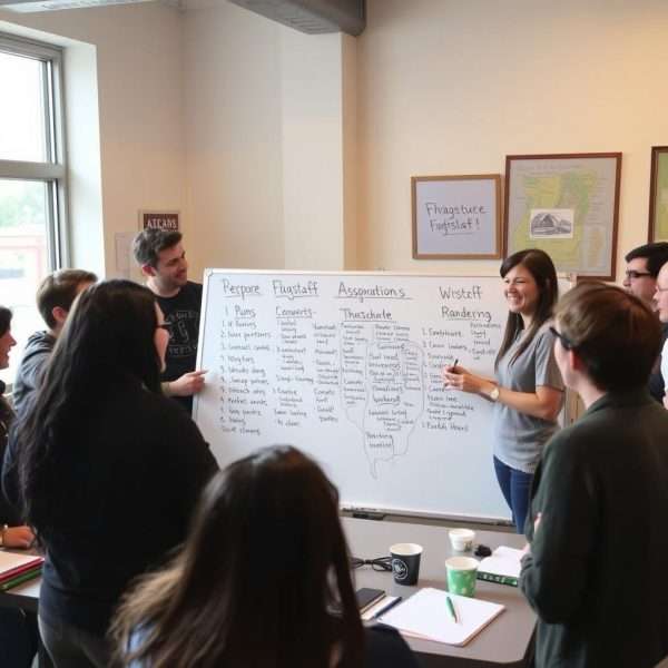 Creative workshop setting with people brainstorming Flagstaff puns on a whiteboard Creative workshop setting with people brainstorming Flagstaff puns on a whiteboard