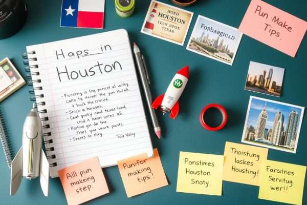 Creative writing setup with Houston landmarks and pun creation tips Creative writing setup with Houston landmarks and pun creation tips