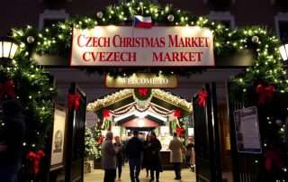 Czech Christmas Market DC entrance with festive decorations and crowds of visitors