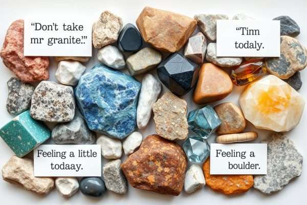 Different types of rocks and minerals with punny labels Different types of rocks and minerals with punny labels