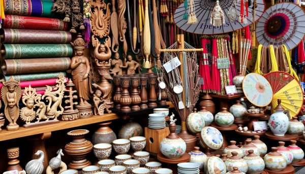 Display of traditional Chiang Mai handicrafts including textiles and woodcarvings Display of traditional Chiang Mai handicrafts including textiles and woodcarvings