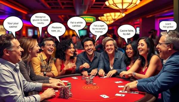 Diverse group of people laughing at casino table with speech bubbles containing puns Diverse group of people laughing at casino table with speech bubbles containing puns