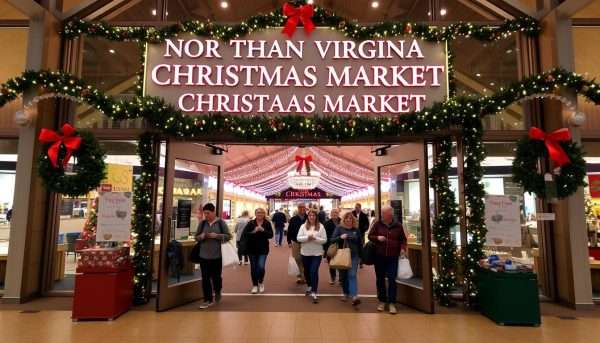 Dulles Expo Christmas Market entrance with festive decorations and crowds of holiday shoppers