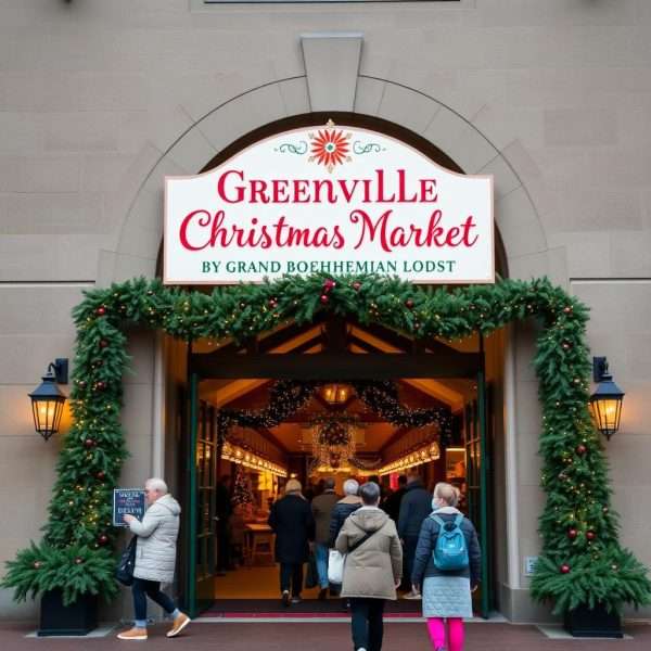 Entrance to the Greenville Christmas Market with welcome sign and visitors Entrance to the Greenville Christmas Market with welcome sign and visitors