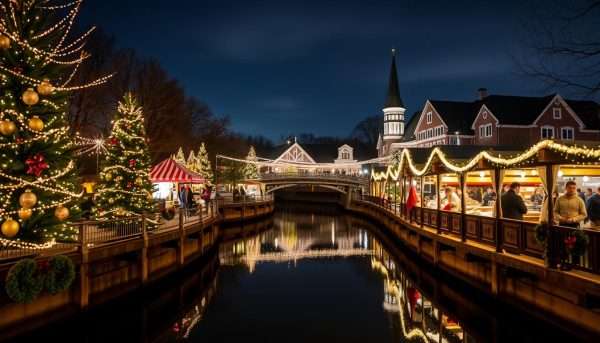 Evening view of the Greenville Christmas Market with twinkling lights reflected in the Reedy River Evening view of the Greenville Christmas Market with twinkling lights reflected in the Reedy River