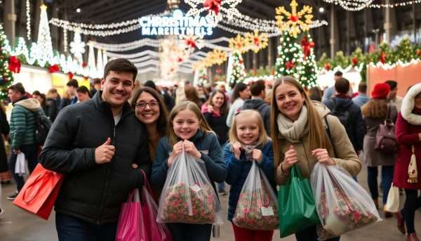 Families enjoying the Dulles Expo Christmas Market with shopping bags and holiday decorations