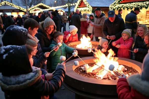 Families roasting marshmallows at fire pits in the Grand Rapids Christmas Market Families roasting marshmallows at fire pits in the Grand Rapids Christmas Market