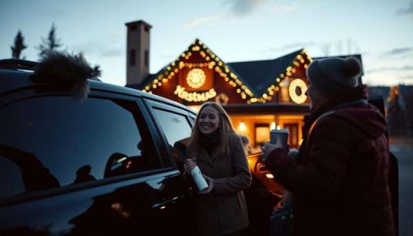 Family arriving at Christmas destination after successful road trip Family arriving at Christmas destination after successful road trip