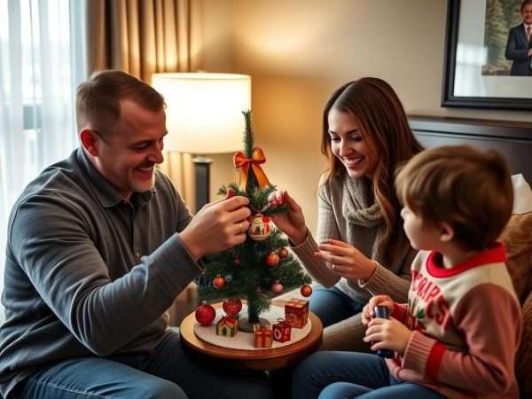 Family creating Christmas road trip traditions with ornament collection Family creating Christmas road trip traditions with ornament collection