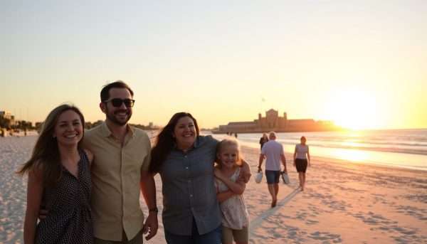 Family enjoying sunset on St. Augustine Beach with Castillo de San Marcos visible in the distance Family enjoying sunset on St. Augustine Beach with Castillo de San Marcos visible in the distance