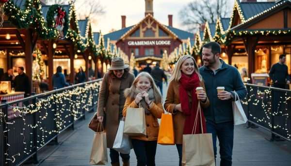Family enjoying the Greenville Christmas Market with shopping bags and holiday treats Family enjoying the Greenville Christmas Market with shopping bags and holiday treats