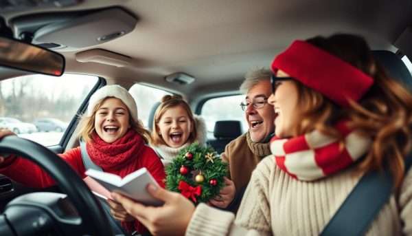 Family singing Christmas carols in car during a holiday road trip Family singing Christmas carols in car during a holiday road trip