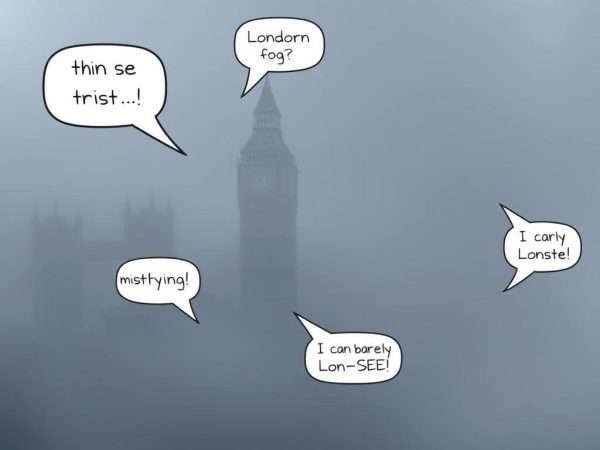 Foggy London scene with landmarks barely visible and fog-related puns