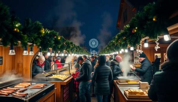 Food vendors at Grand Rapids Christmas Market serving traditional European holiday foods Food vendors at Grand Rapids Christmas Market serving traditional European holiday foods