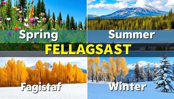 Four-panel image showing Flagstaff in all four seasons with seasonal Flagstaff puns Four-panel image showing Flagstaff in all four seasons with seasonal Flagstaff puns