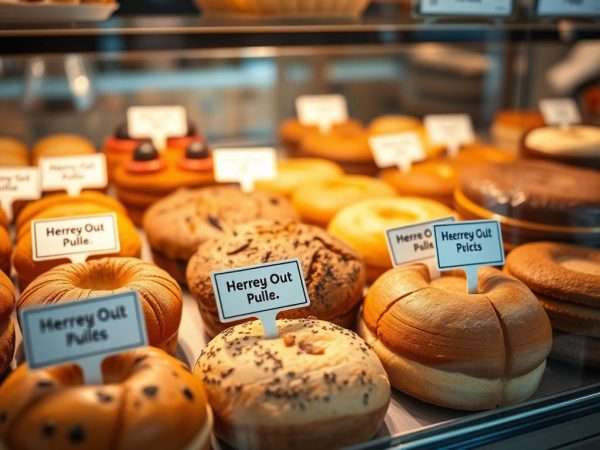 Freshly baked goods with punny name tags in a bakery display