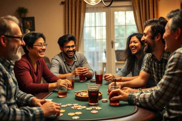 Friends laughing around a home poker table with drinks Friends laughing around a home poker table with drinks