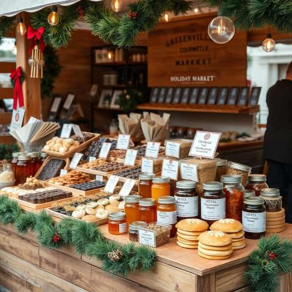 Gourmet food vendor selling holiday treats and specialty foods at the Greenville Christmas Market Gourmet food vendor selling holiday treats and specialty foods at the Greenville Christmas Market