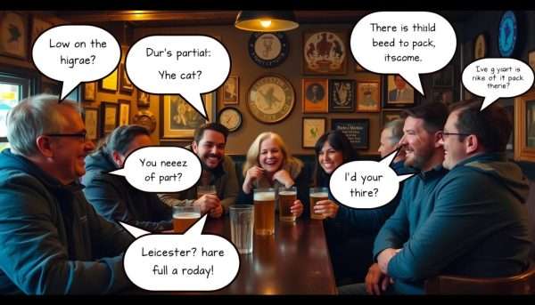 Group of diverse people laughing at Leicester puns in a local pub Group of diverse people laughing at Leicester puns in a local pub