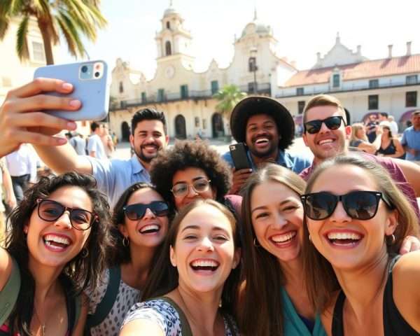 Group of friends laughing while taking selfies in St. Augustine's historic district Group of friends laughing while taking selfies in St. Augustine's historic district