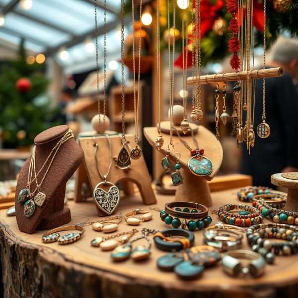 Handcrafted jewelry vendor at Greenville Christmas Market displaying unique pieces Handcrafted jewelry vendor at Greenville Christmas Market displaying unique pieces