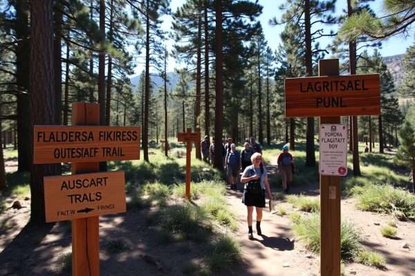Hikers on a trail near Flagstaff with humorous trail signs featuring Flagstaff puns Hikers on a trail near Flagstaff with humorous trail signs featuring Flagstaff puns