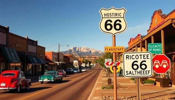 Historic Route 66 sign in downtown Flagstaff with classic cars and Flagstaff puns on road signs Historic Route 66 sign in downtown Flagstaff with classic cars and Flagstaff puns on road signs