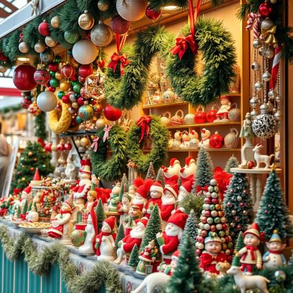 Holiday decor vendor with Christmas ornaments and festive decorations at Greenville Christmas Market Holiday decor vendor with Christmas ornaments and festive decorations at Greenville Christmas Market